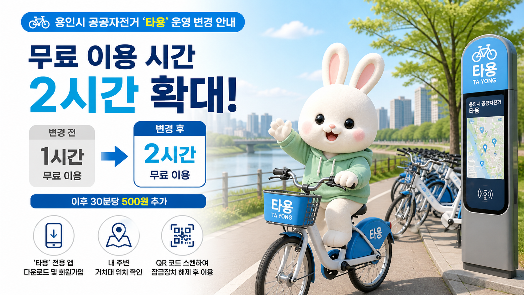 용인시 공공자전거 '타용' 무료 이용 시간 2시간 확대