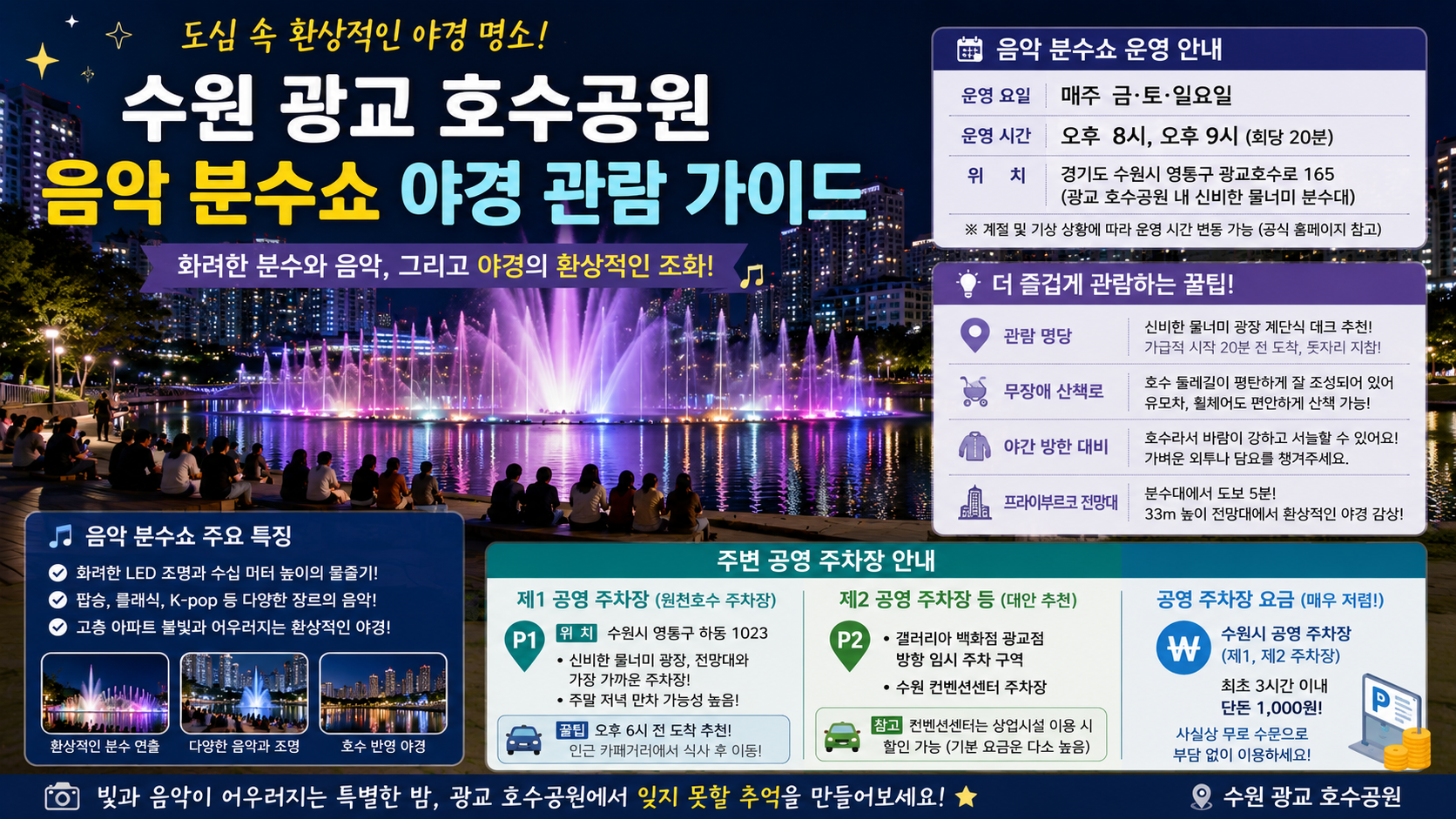 수원 광교 호수공원 음악 분수쇼 야경 관람 가이드 및 주차장 총정리