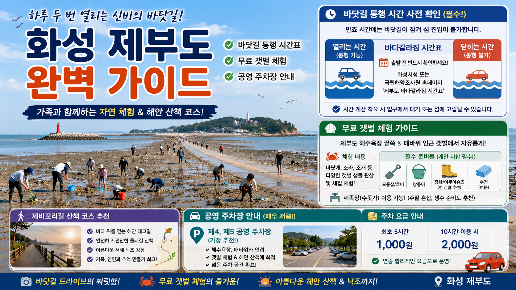 화성 제부도 바닷길 통행 시간표 및 가족 무료 갯벌 체험 완벽 가이드