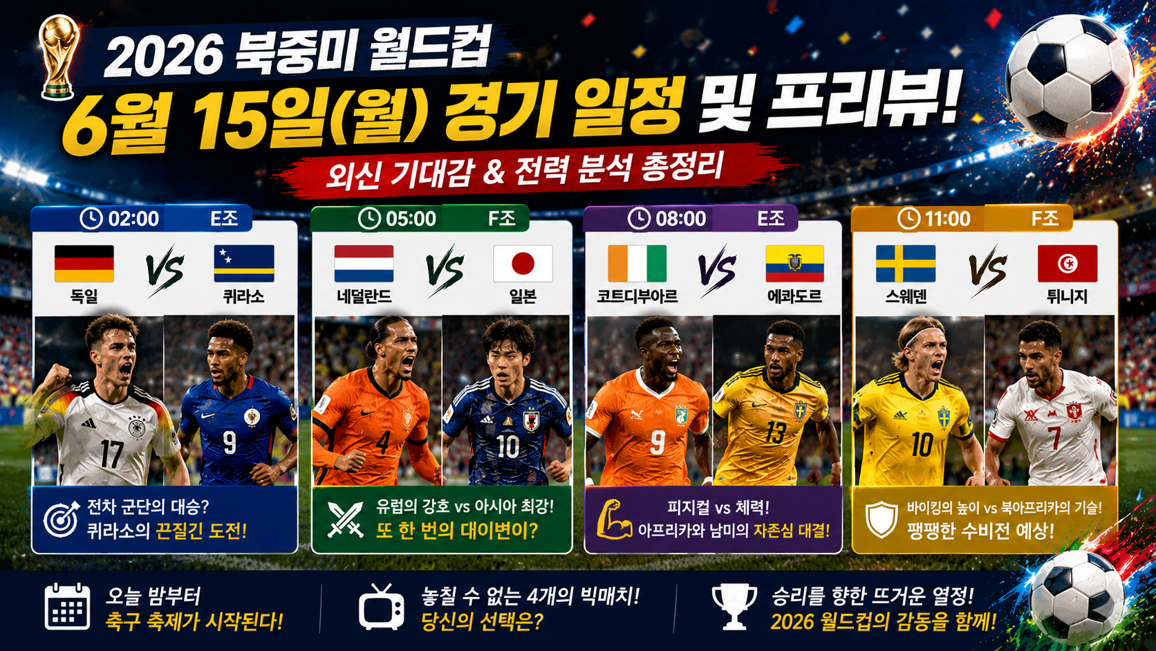 2026 북중미 월드컵 6월 15일(월) 경기 일정 및 프리뷰: 외신 기대감과 전력 분석 총정리