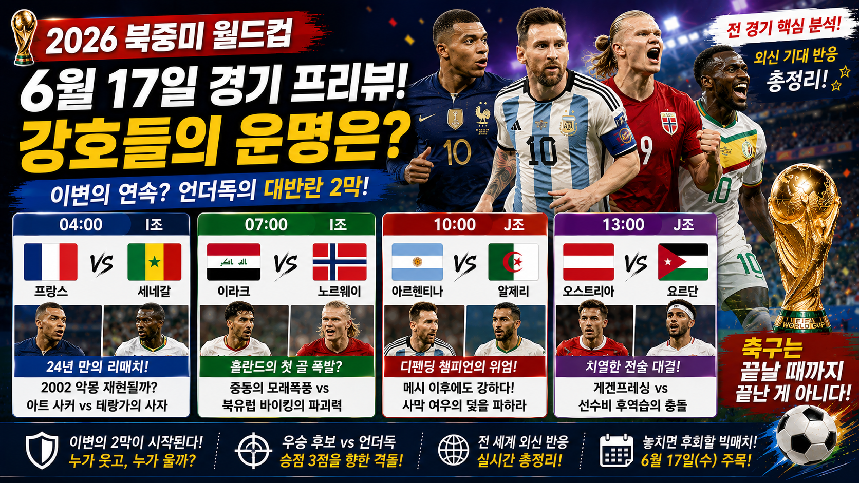 2026 월드컵 6월 17일 경기 프리뷰: 프랑스와 아르헨티나 출격! 외신 기대 반응 총정리