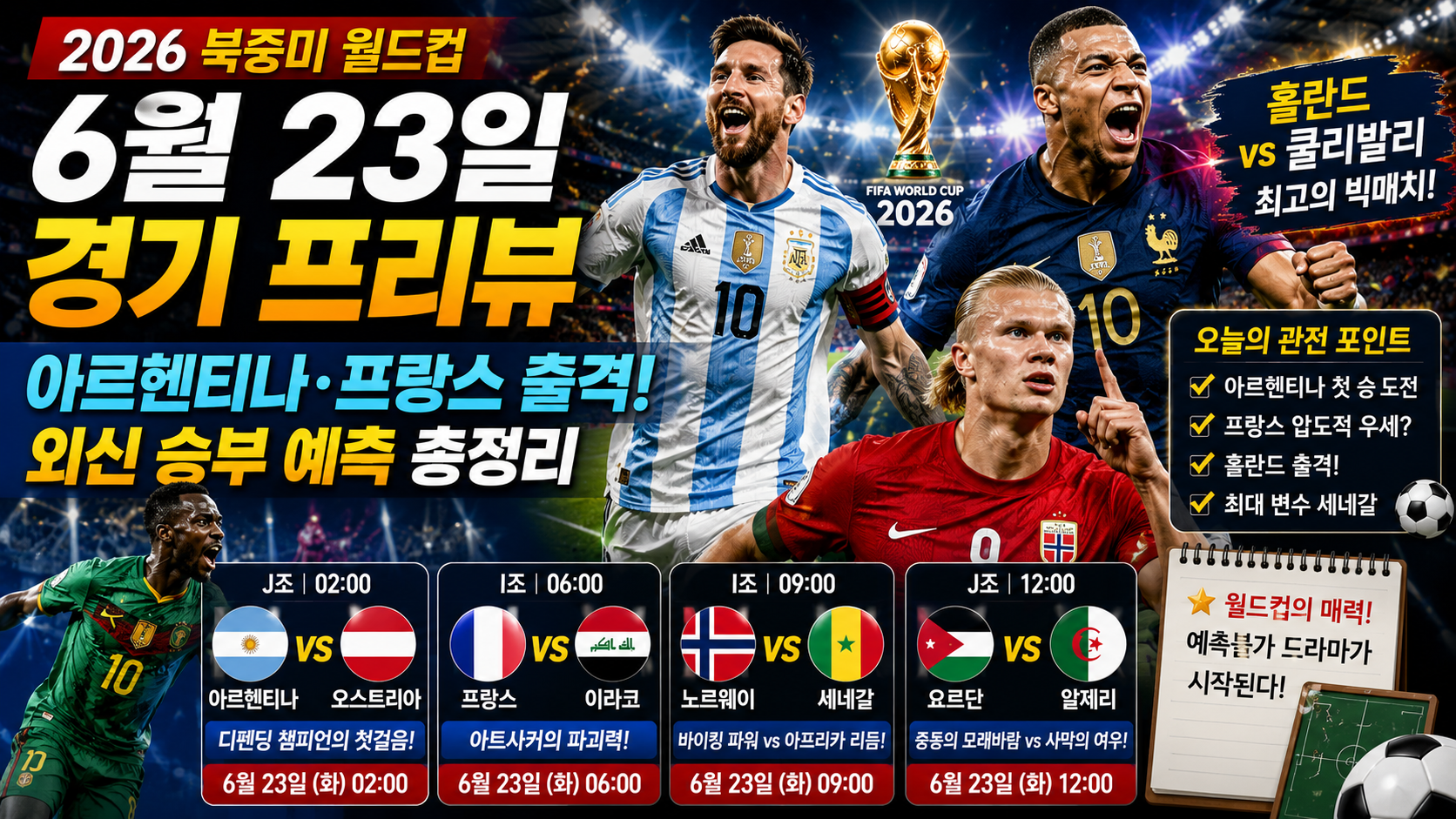 2026 월드컵 6월 23일 경기 프리뷰: 아르헨티나와 프랑스 출격! 외신들의 치열한 승부 예측