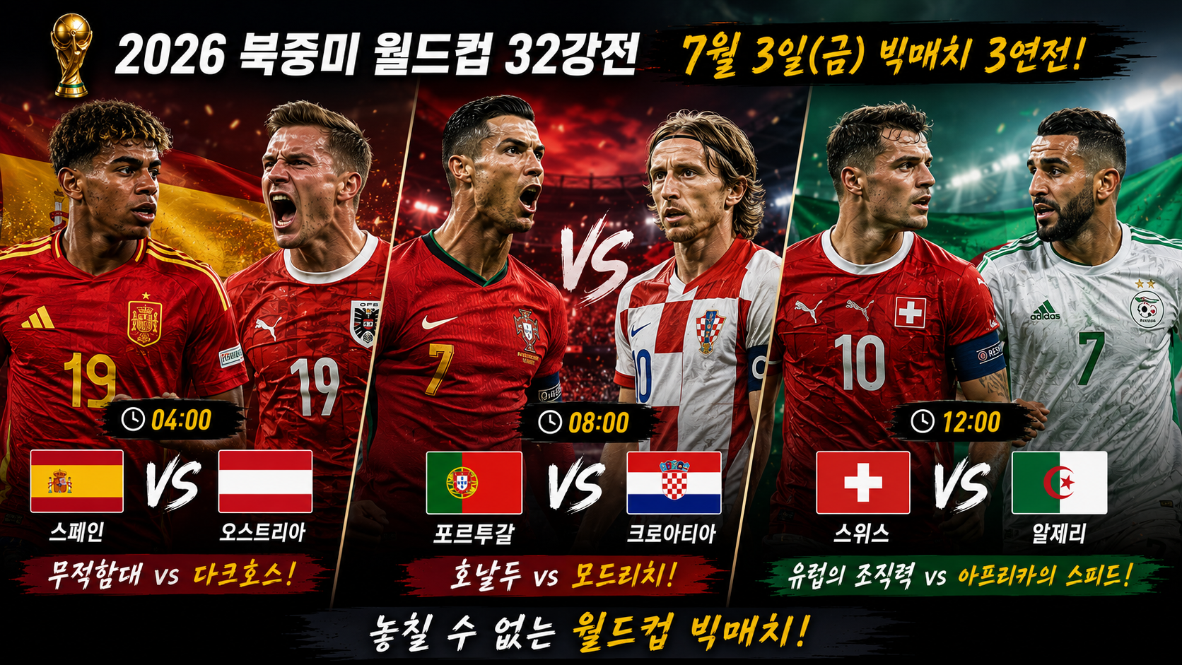 2026 월드컵 7월 3일(금) 32강전 프리뷰: 스페인, 포르투갈 출격! 전문가 예측 총정리
