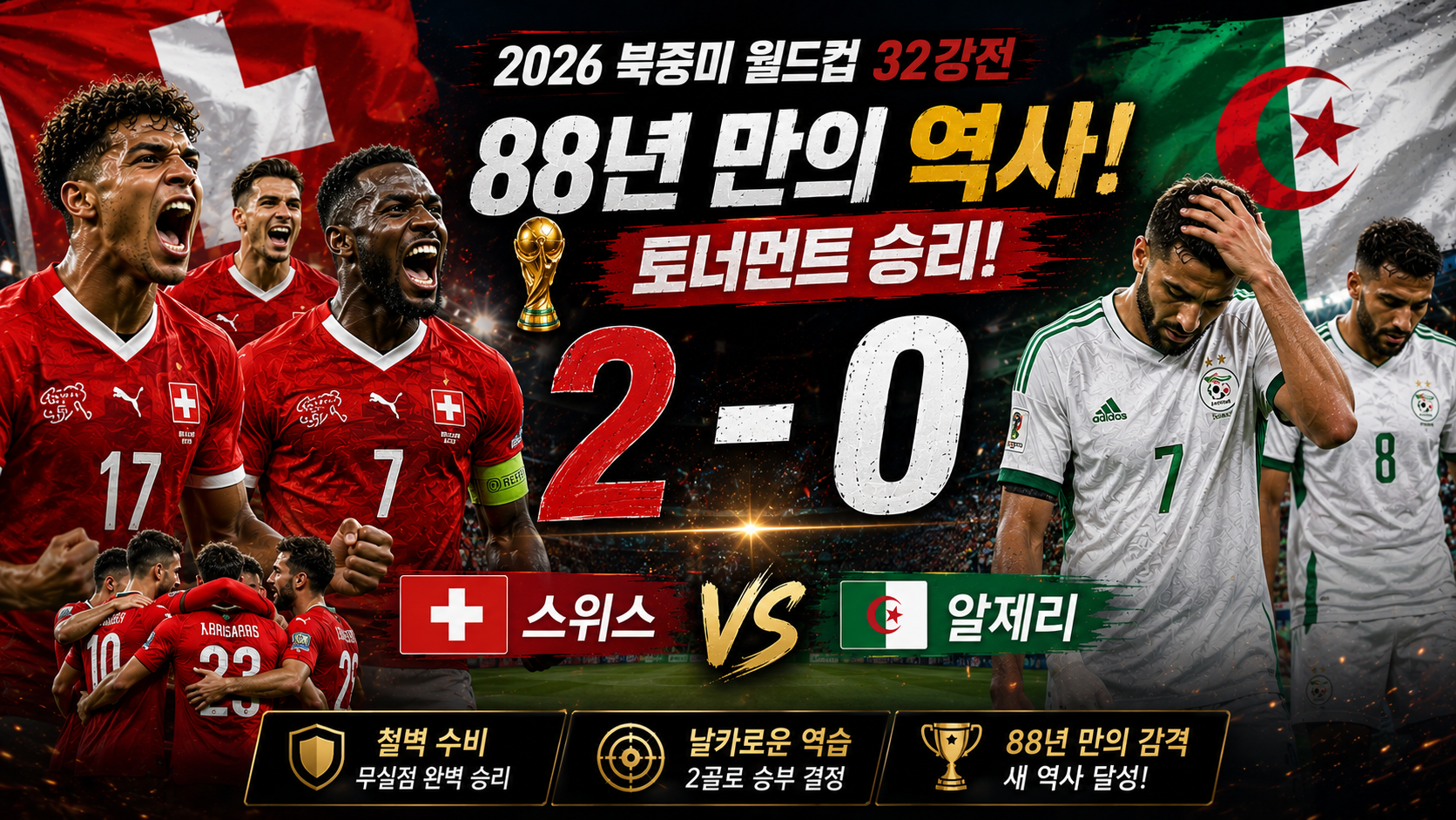 2026 월드컵: 스위스 2:0 알제리, 88년 만의 토너먼트 승리 완벽 분석