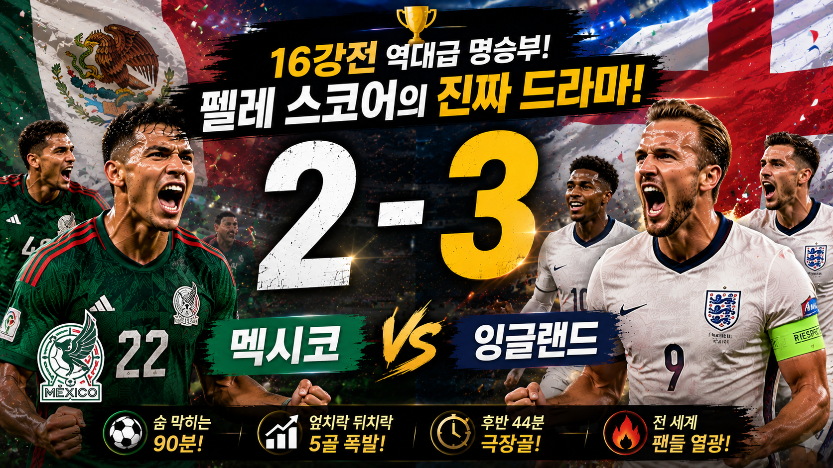 ⚽ 멕시코 2 : 3 잉글랜드 - 손에 땀을 쥐게 하는 난타전! 펠레스코어 완벽 분석
