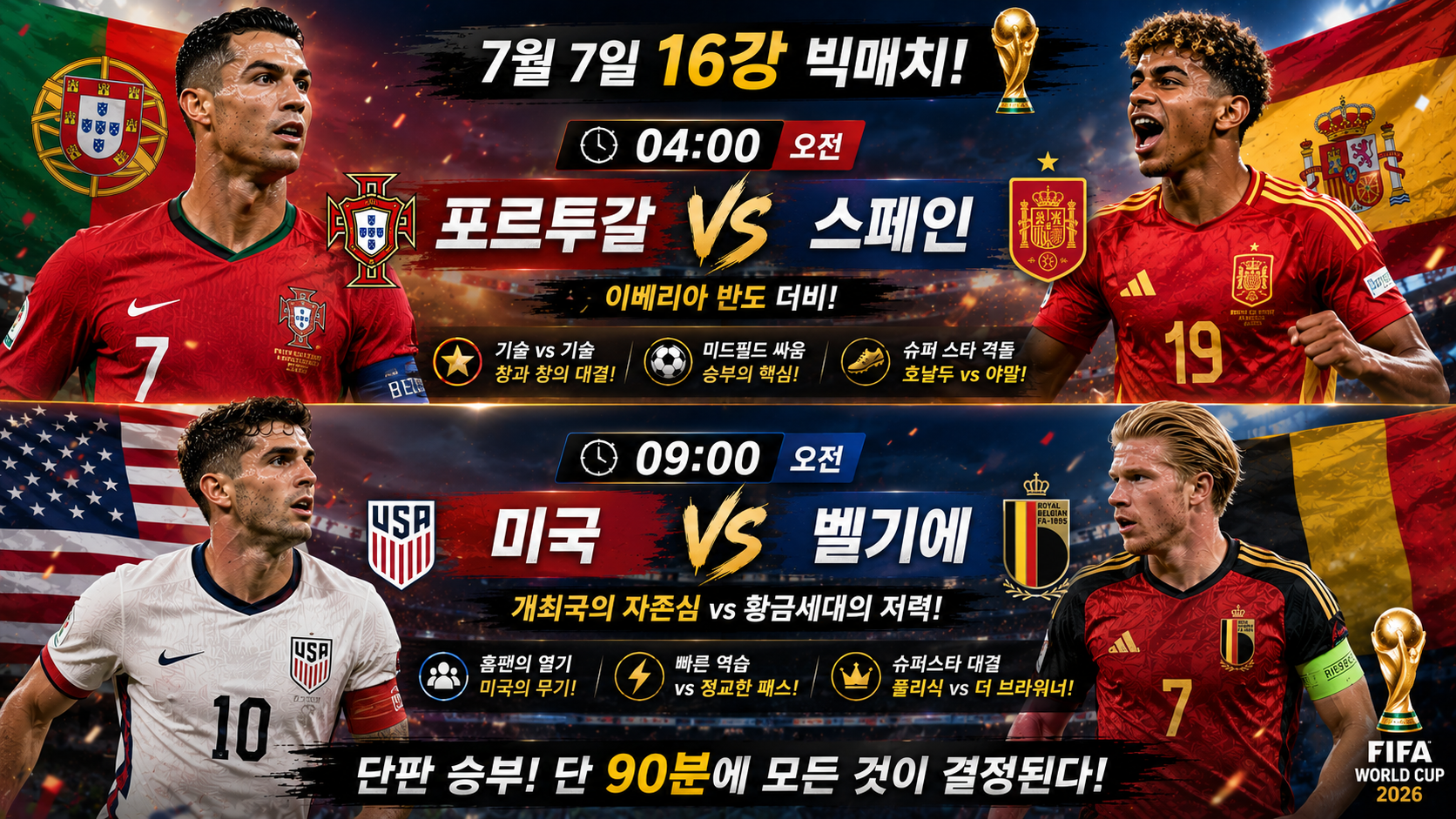 ⚽ 내일의 빅매치: 포르투갈 vs 스페인 / 미국 vs 벨기에 - 전문가 예측 완벽 가이드
