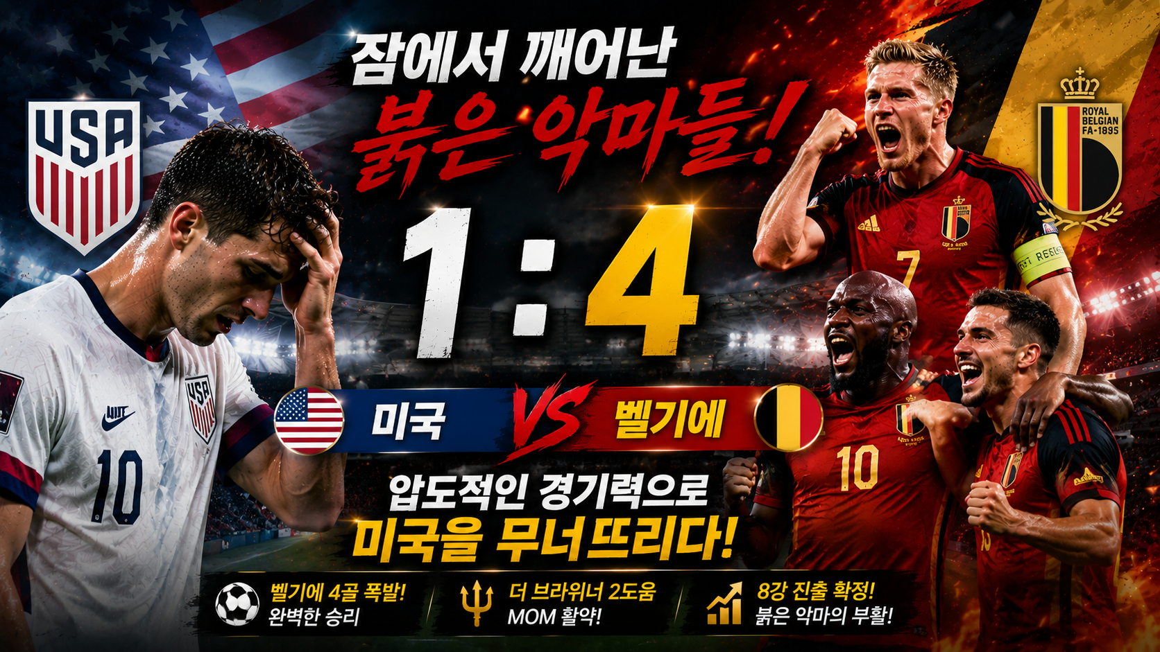 미국 1 : 4 벨기에 - 황금세대의 귀환, 벨기에의 압도적인 공격 축구 완벽 분석!